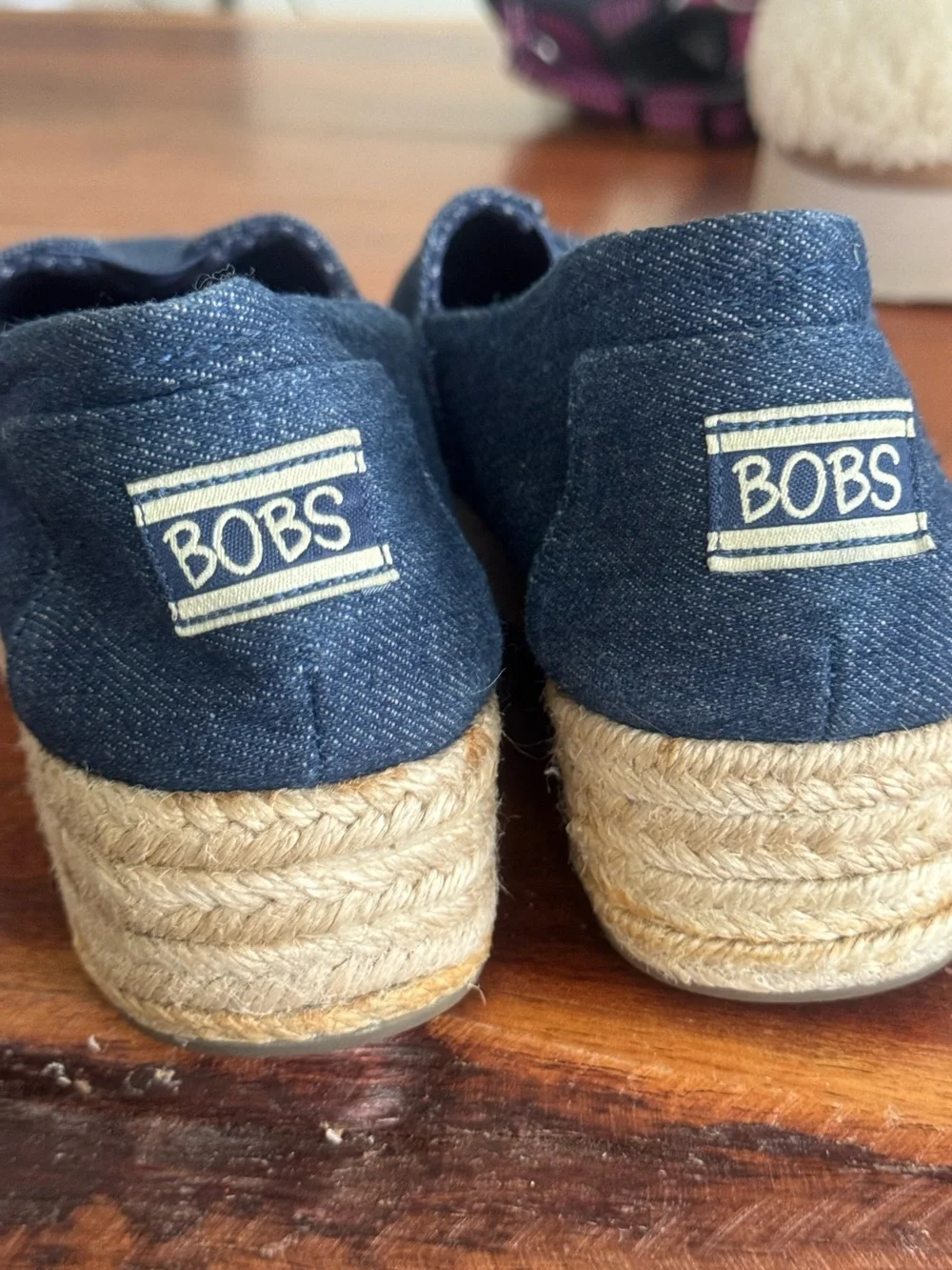 BOBS from Skechers Blue Denim Espadrille Slip On Flat Shoes EUC Size 7